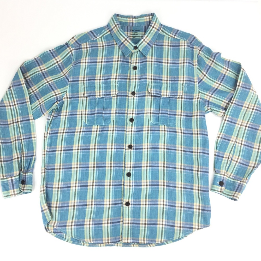 Lucky Brand Linen Shirt Plaid L Blue Collared